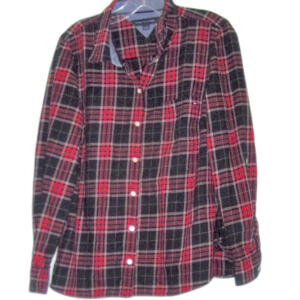 Tommy Hilfiger Red Tartan Button Down Shirt Sz L Contrast Cuff Lightweight Women